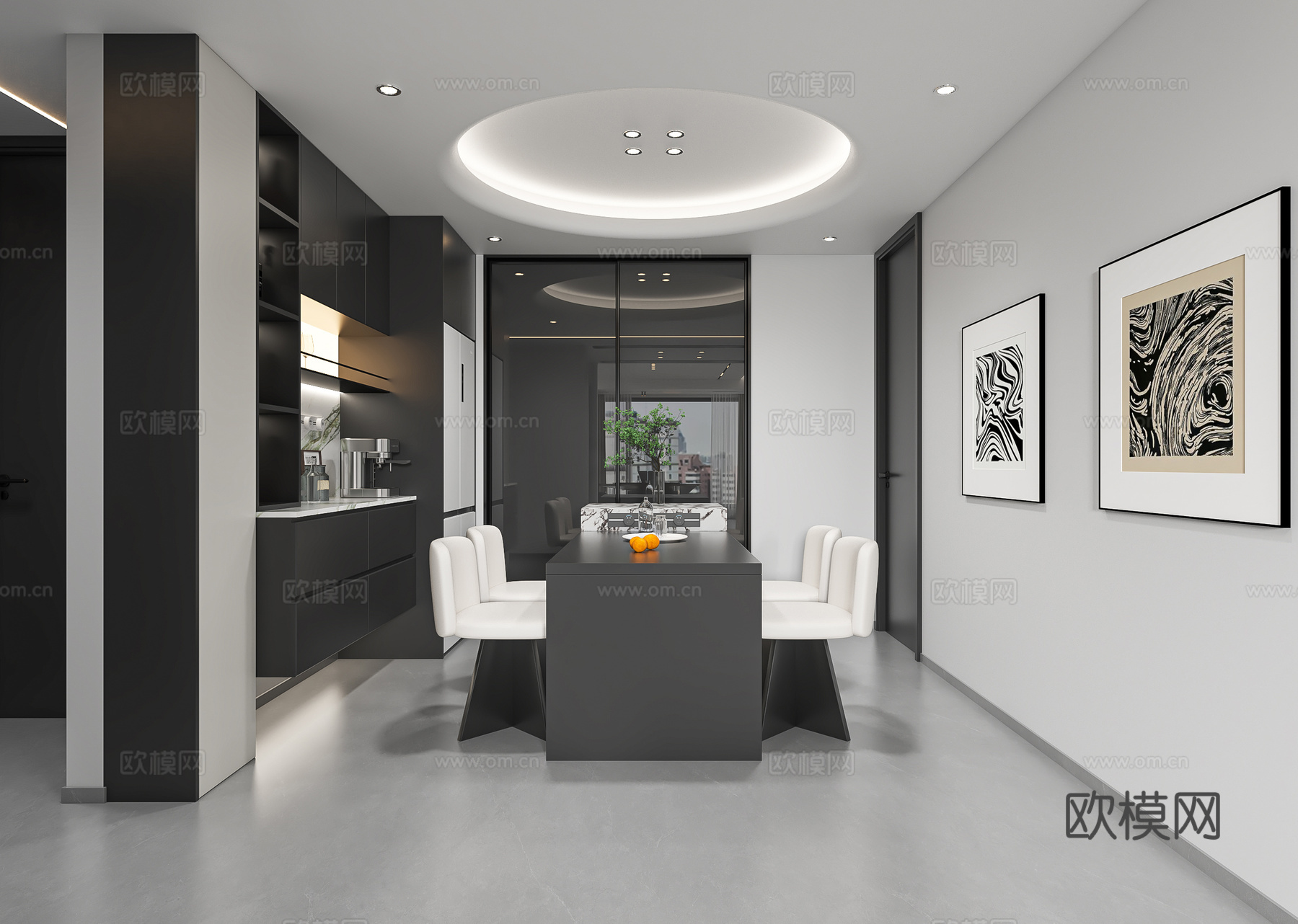 现代黑白灰简约客餐厅3d模型下载（渲染图2）