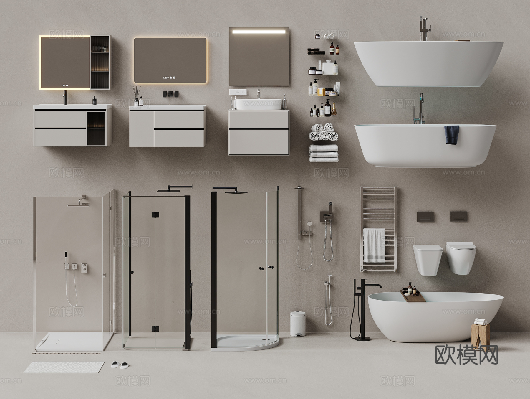 现代卫生间用品 卫浴柜 淋浴房 浴缸 马桶 毛巾架 洗漱用品3d模型下载