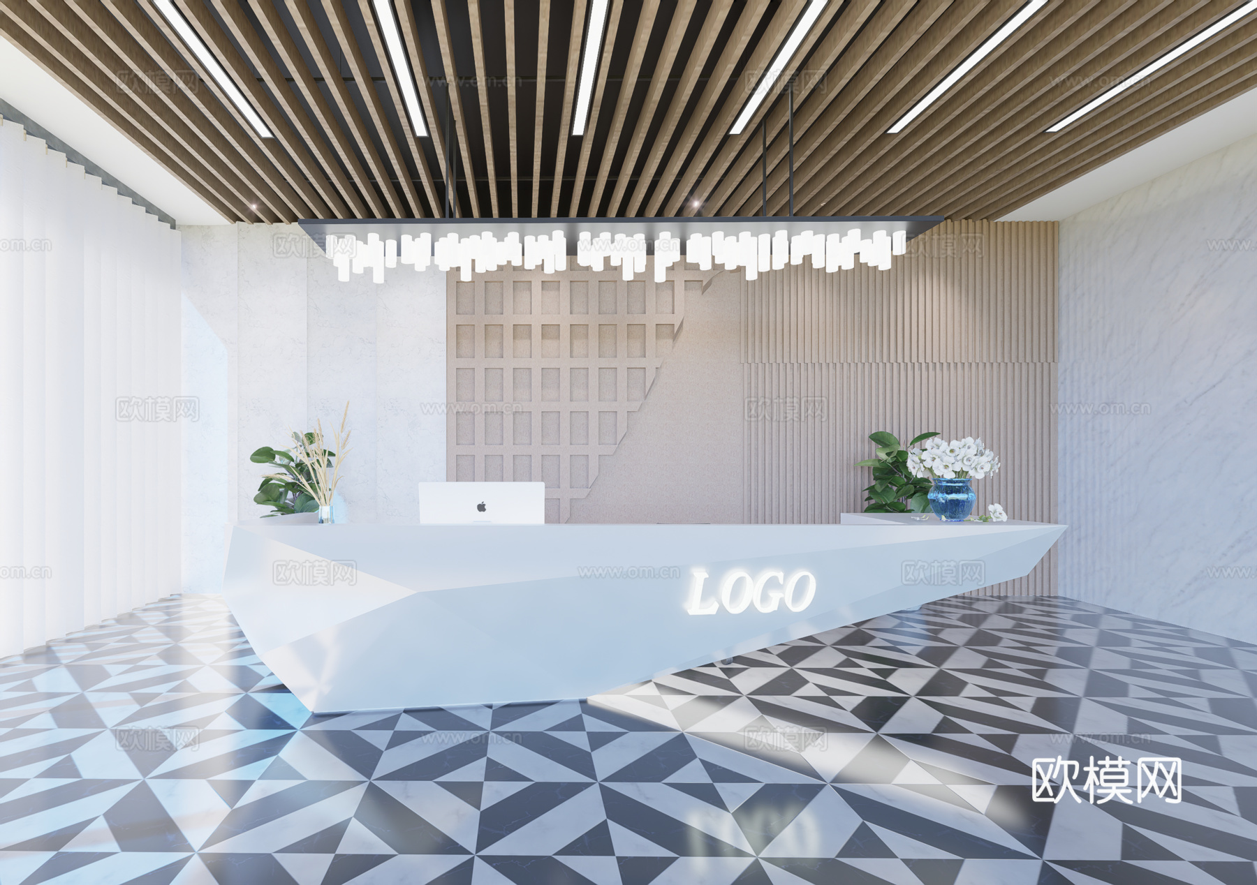 现代简约办公室前台接待台su模型