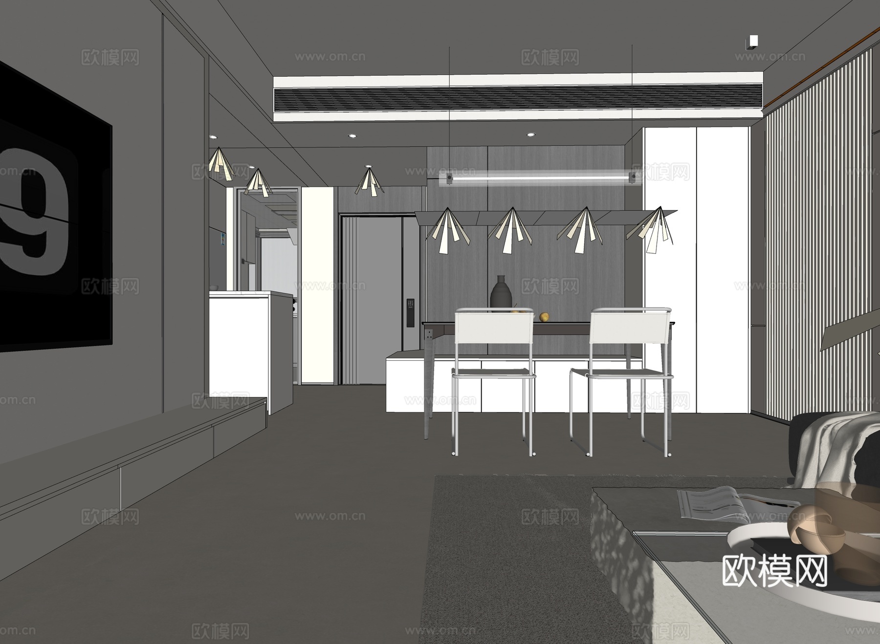 现代黑白极简简约客餐厅 沙发组合 电视柜 餐桌su模型