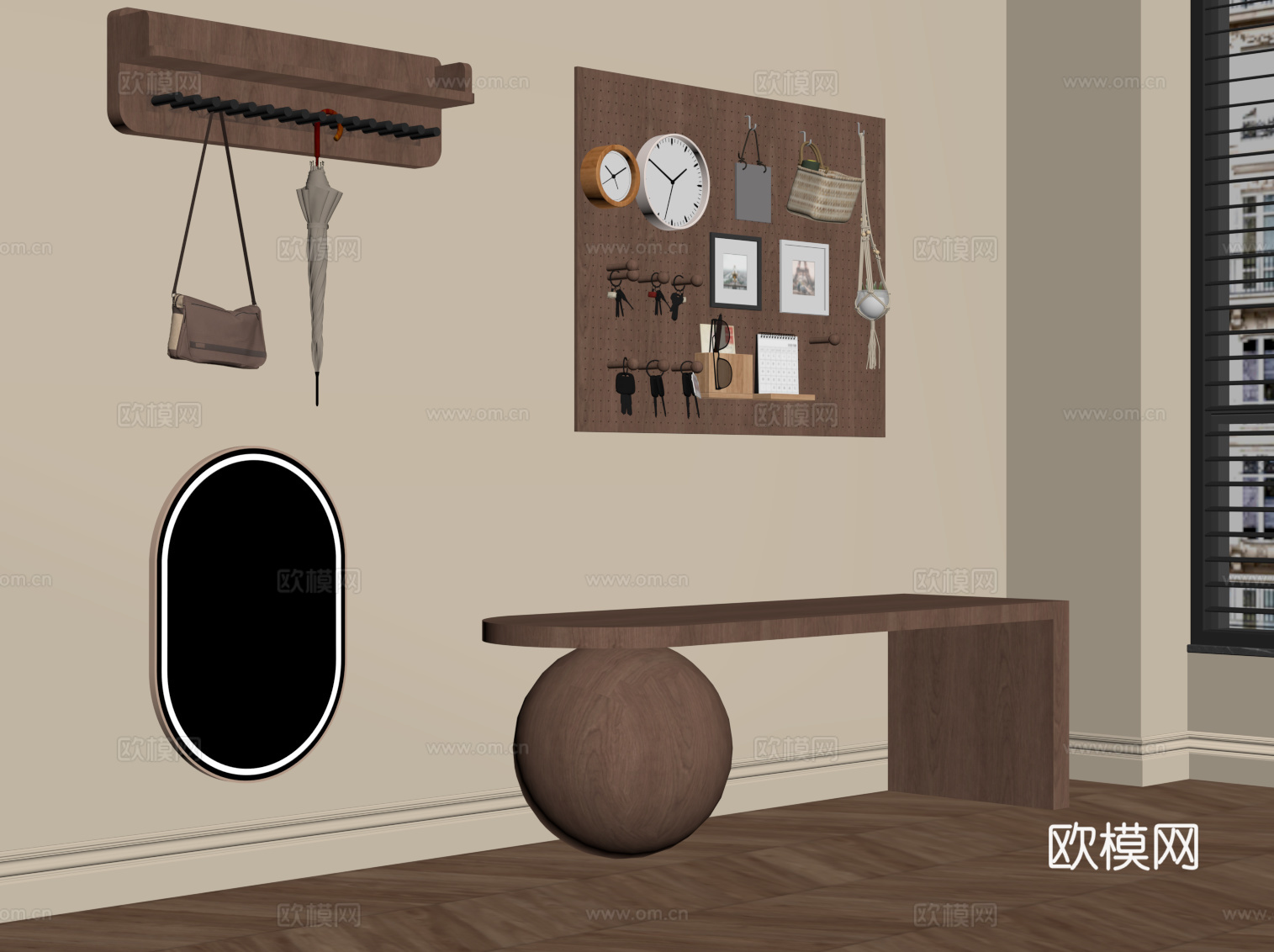 中古风换鞋凳 洞洞板 挂钩su模型