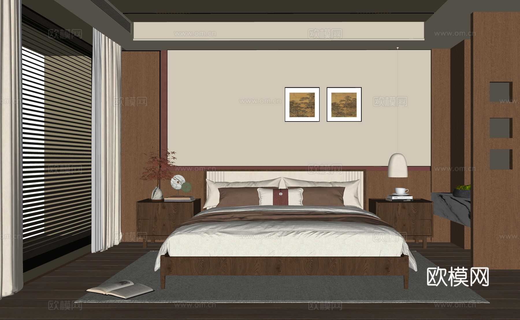 现代卧室 双人床su模型
