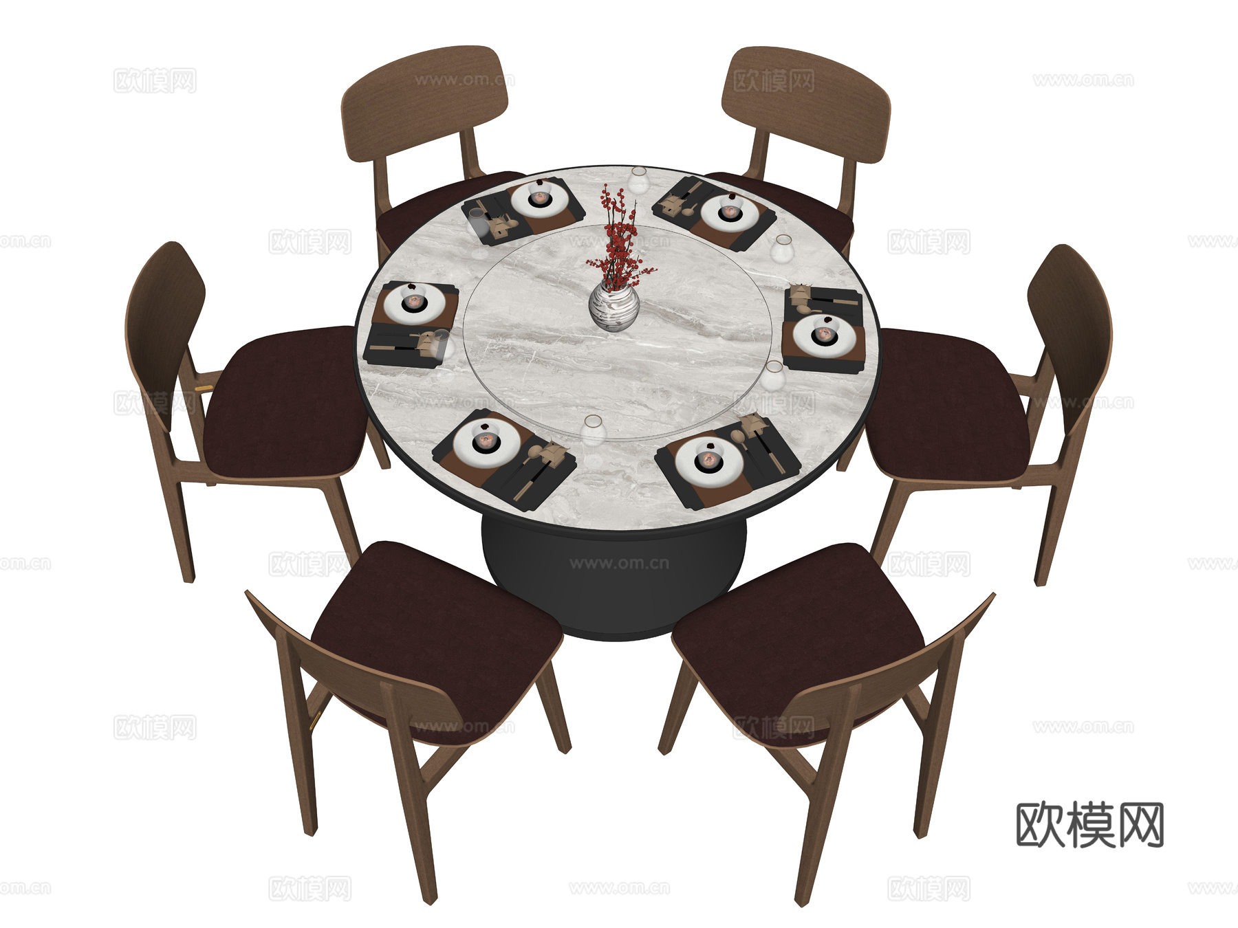 现代餐桌椅组合 圆形餐桌椅 多人餐桌椅 中古风餐桌椅su模型