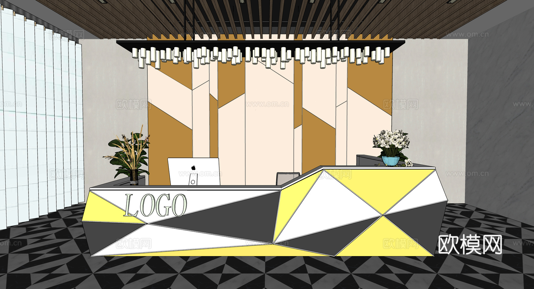 现代简约办公室前台接待台su模型