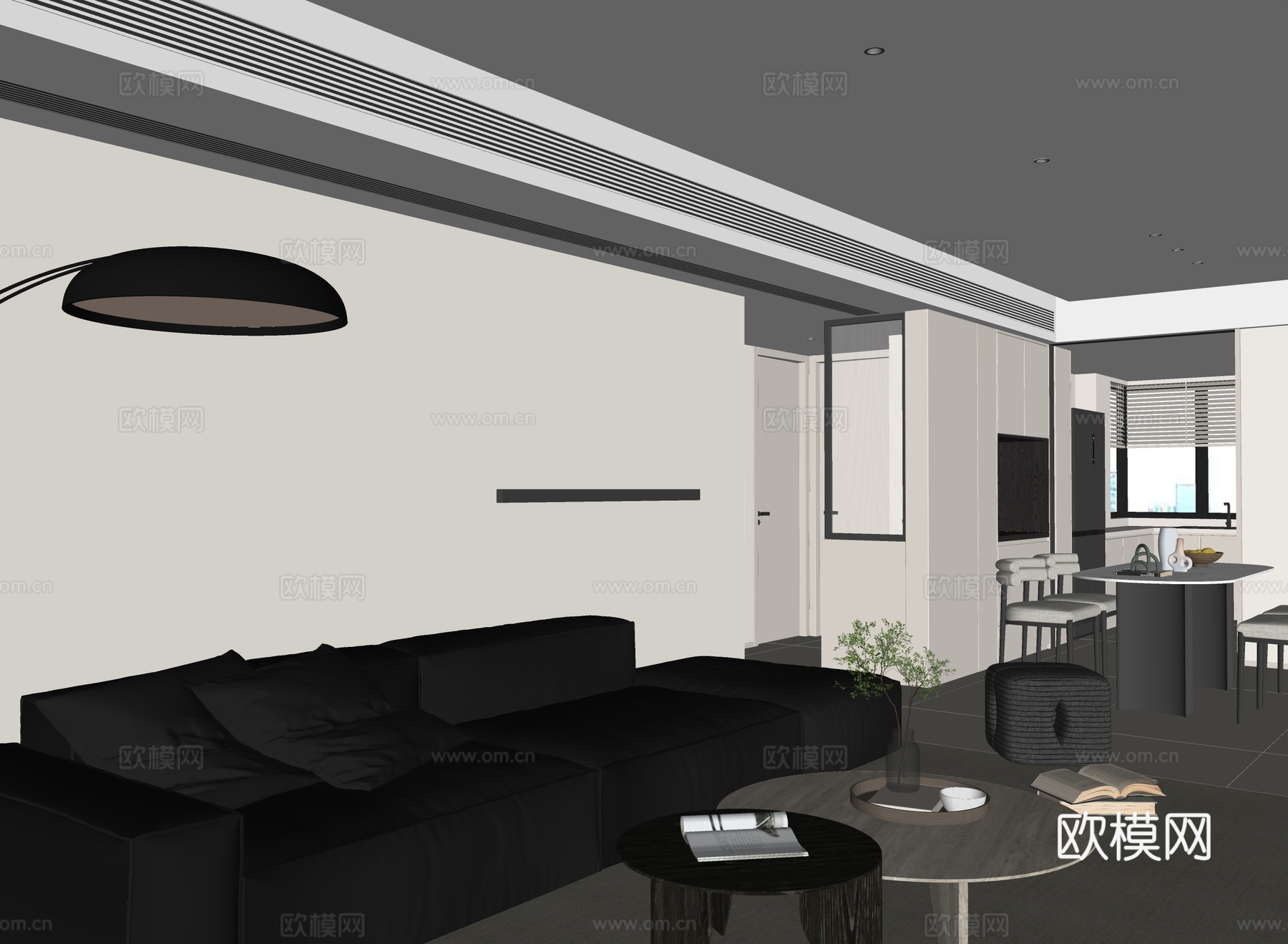 现代客餐厅 沙发组合 餐桌su模型