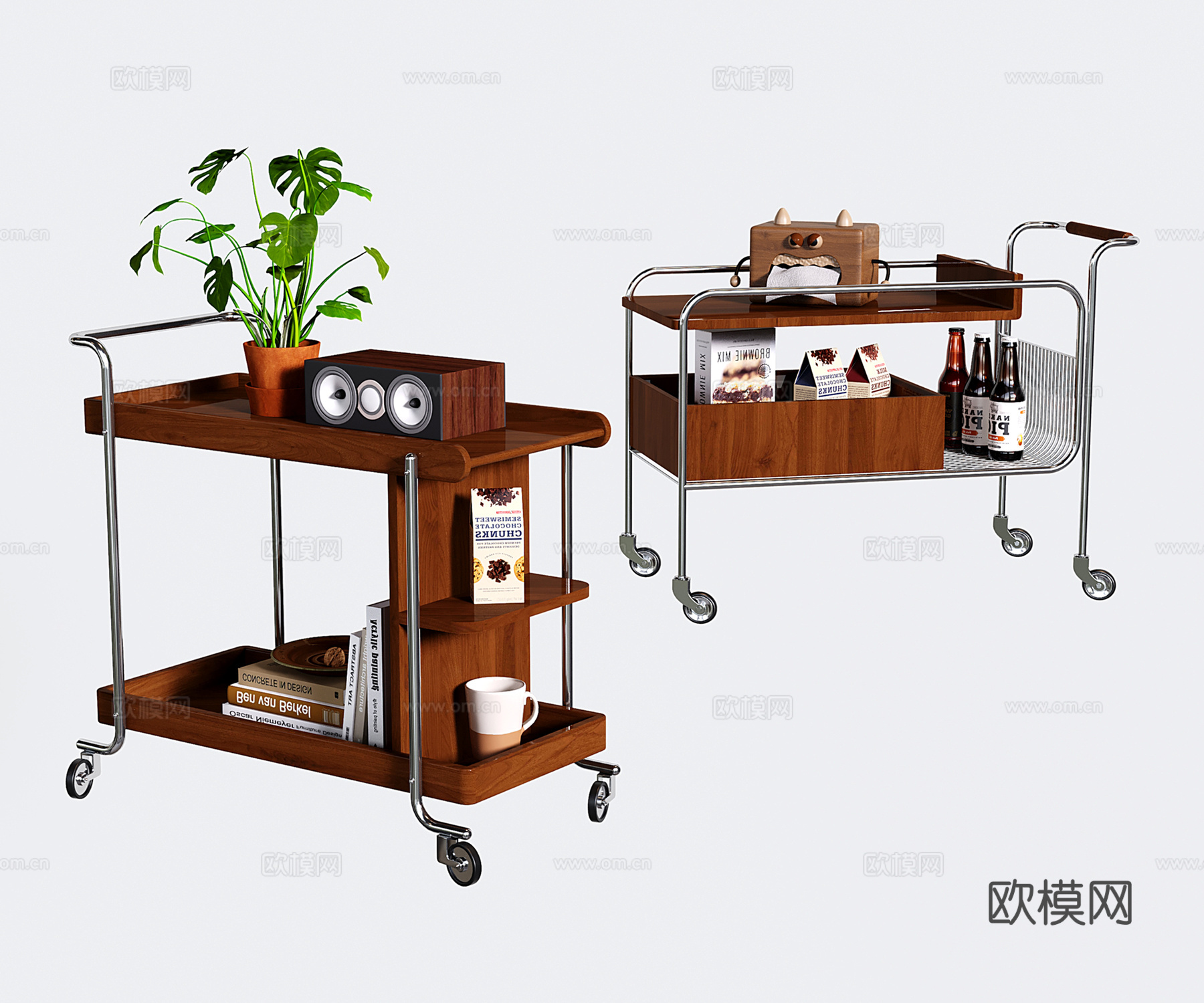 复古沙发边几 不锈钢移动边几 小推车边几 收纳边柜su模型