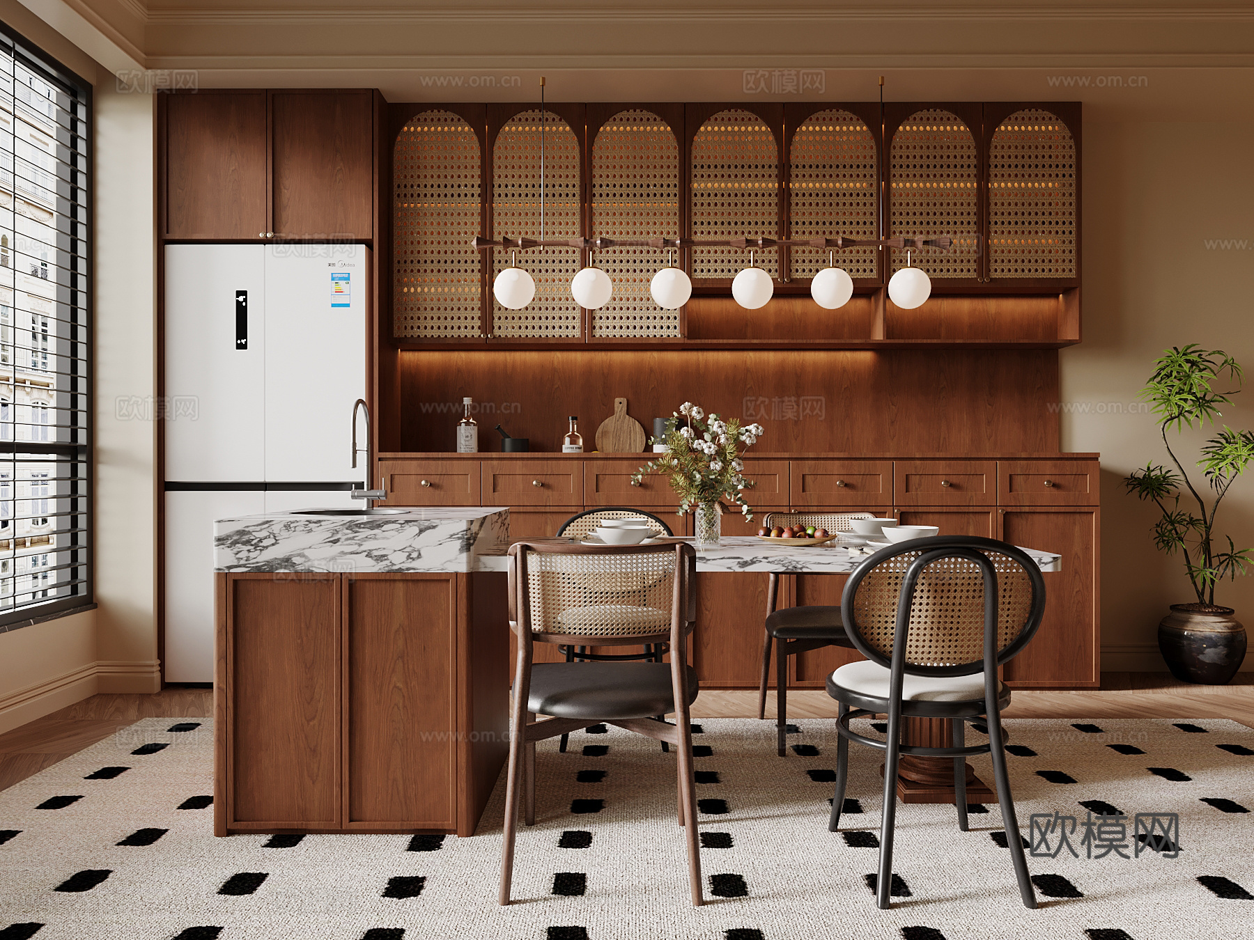 中古风餐厅岛台su模型