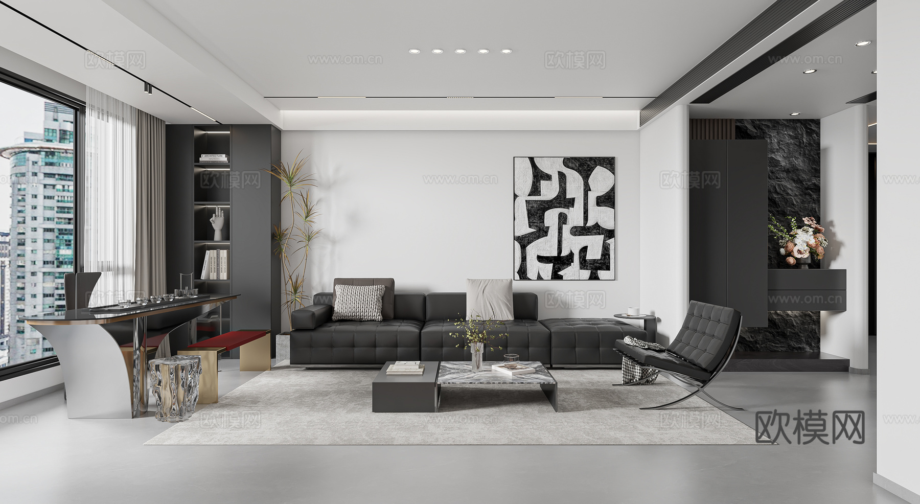 现代黑白灰简约客餐厅3d模型下载（渲染图1）