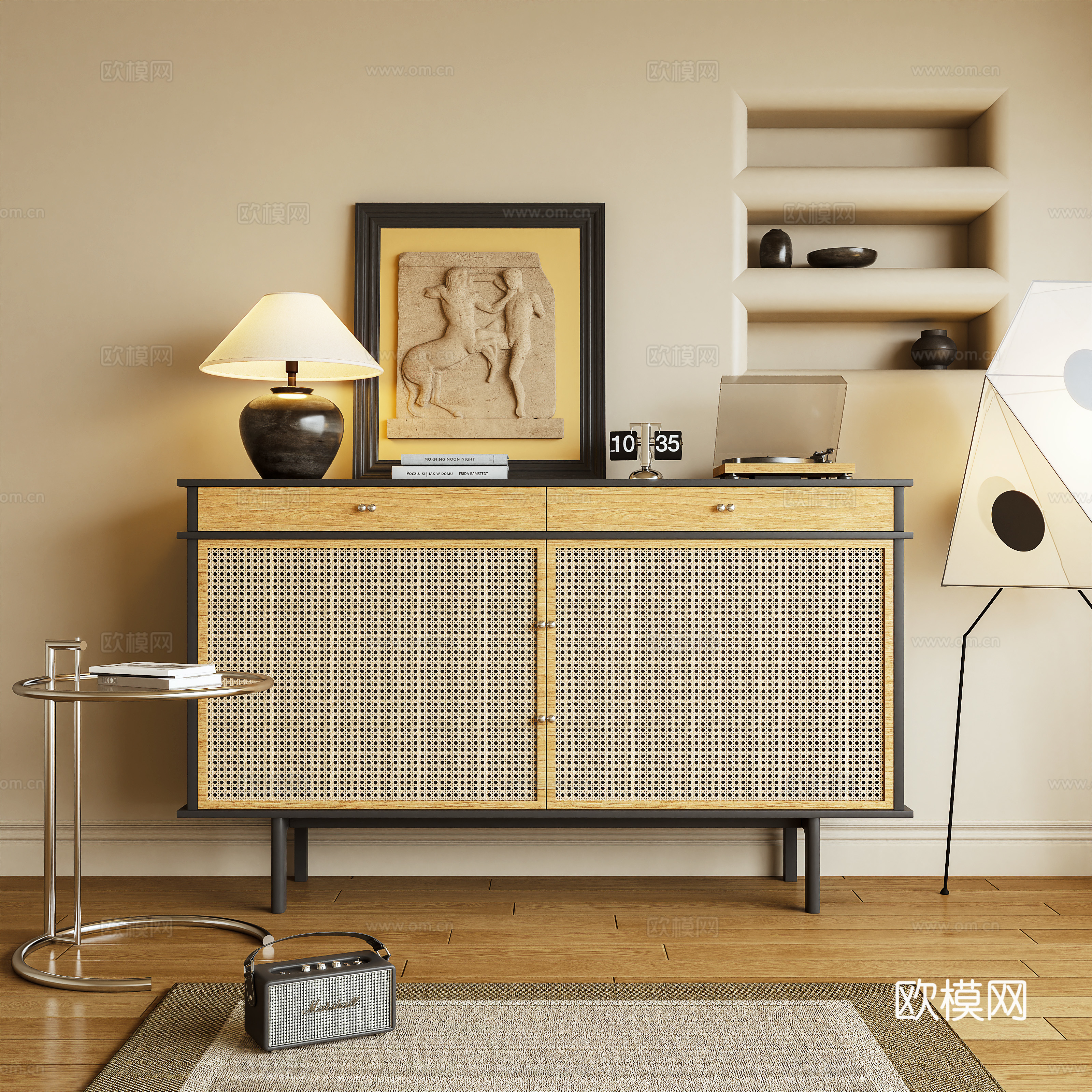 玄关柜 茶水柜 边柜 藤编柜 落地灯 摆件3d模型下载