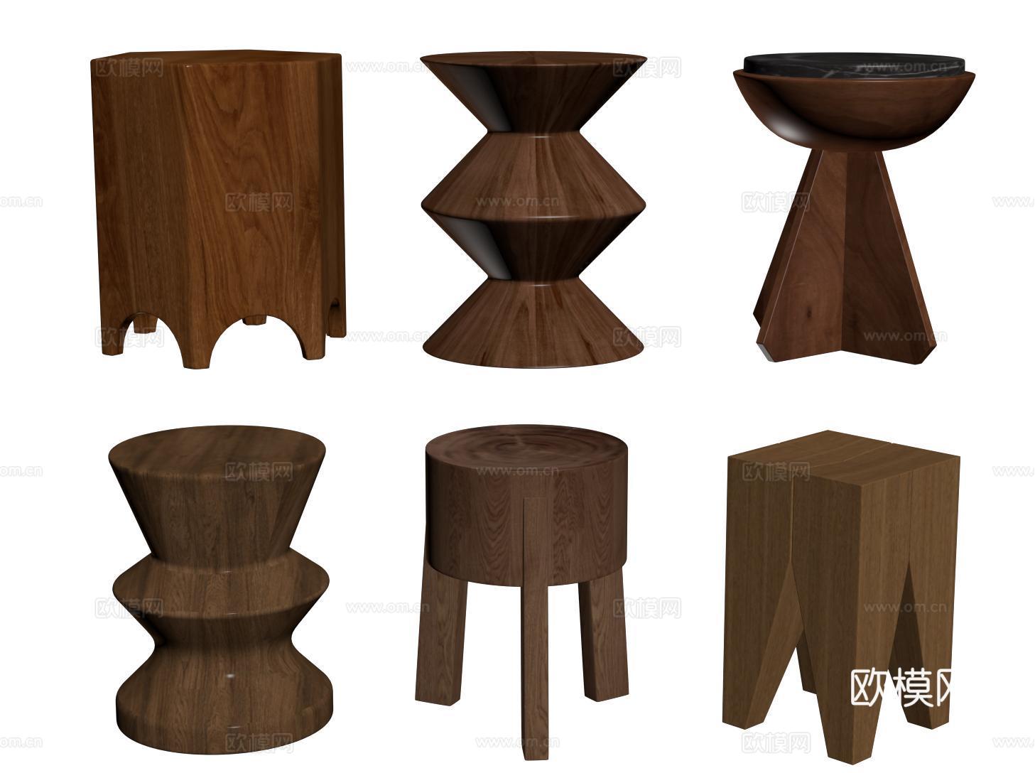 复古实木凳子 木墩 木头凳 中古边几角几su模型