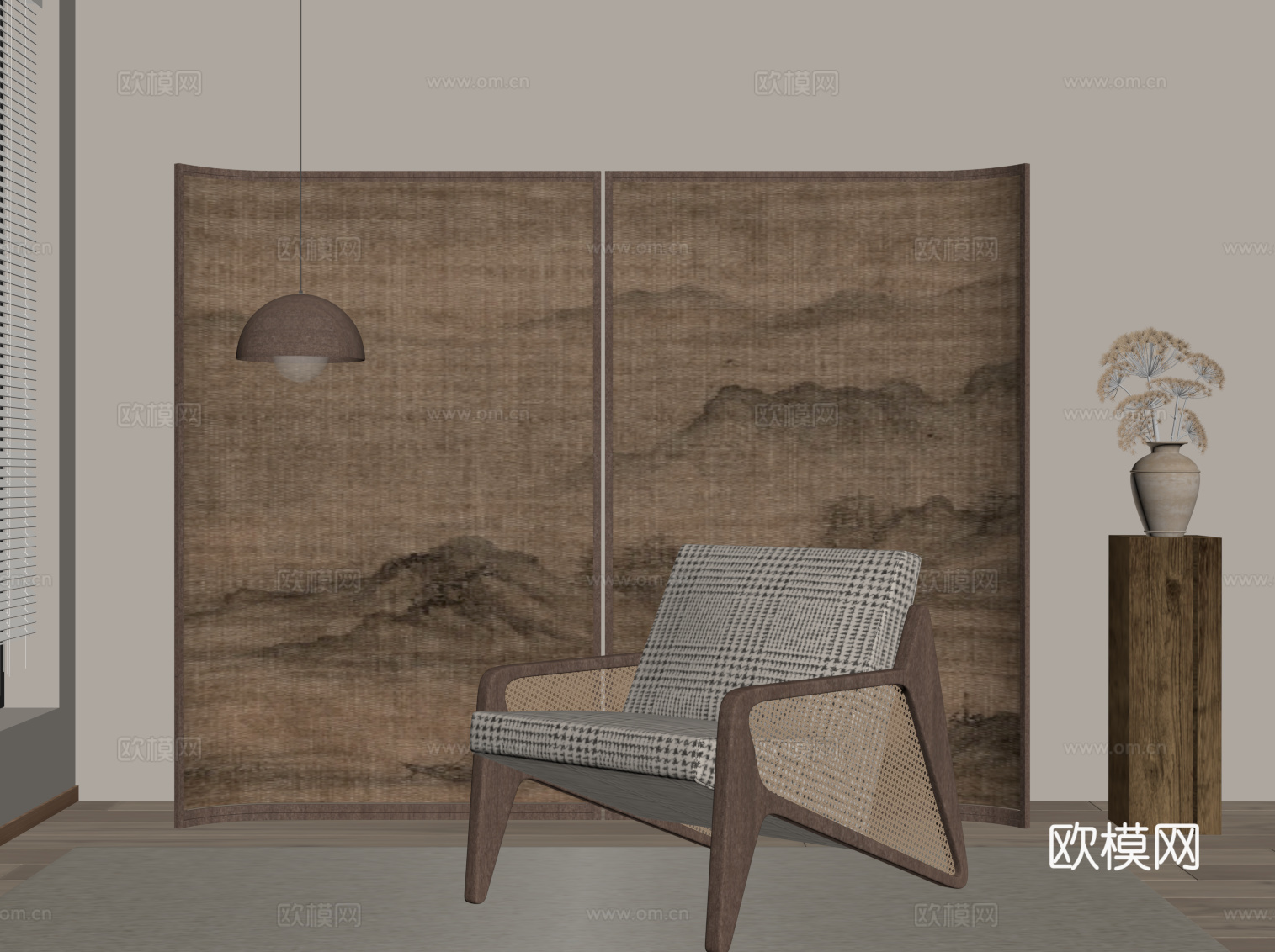 中古风休闲椅 沙发椅 屏风su模型