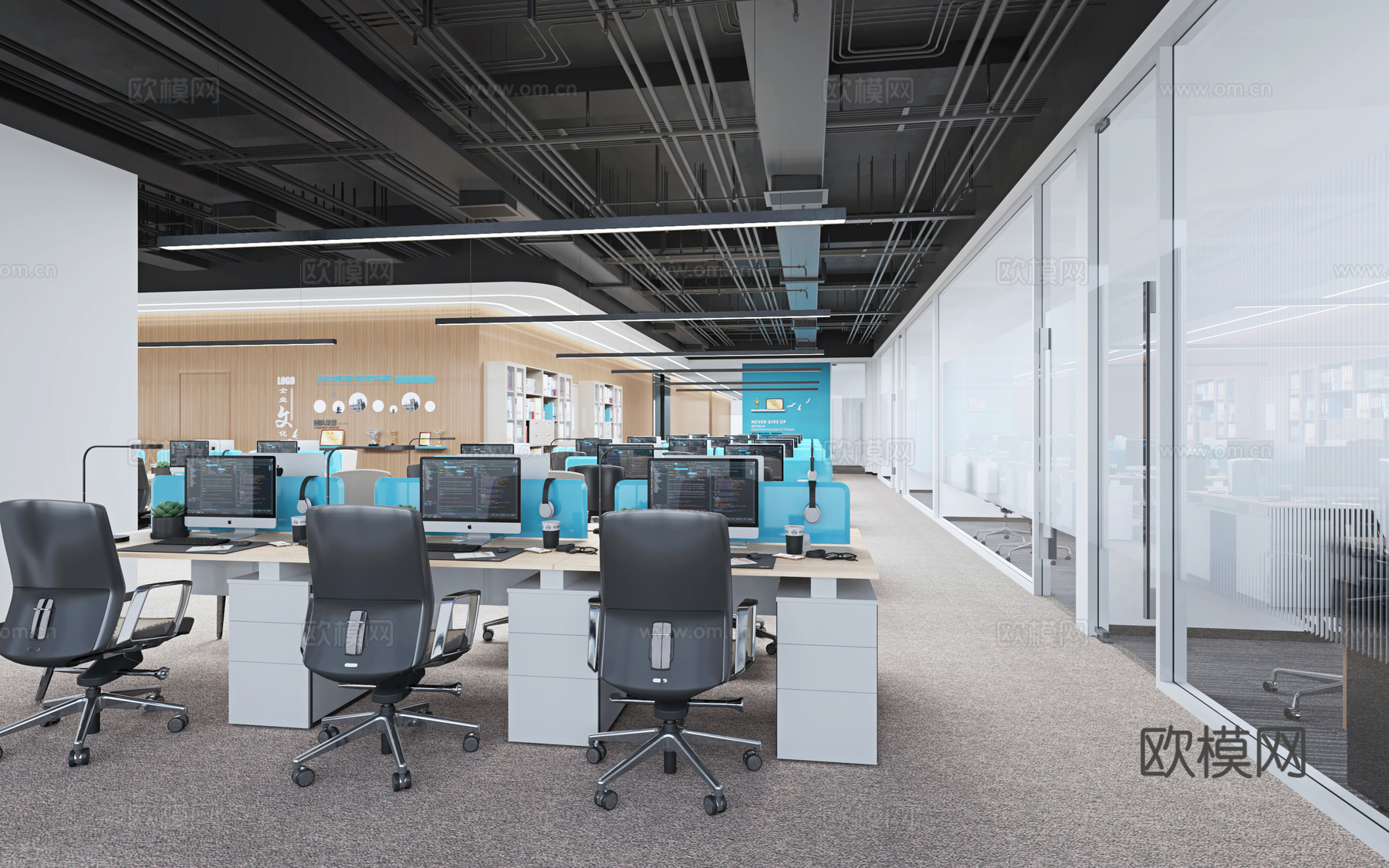 员工办公室 敞开办公室 裸顶办公室  办公柜 工业管道模型3d模型下载