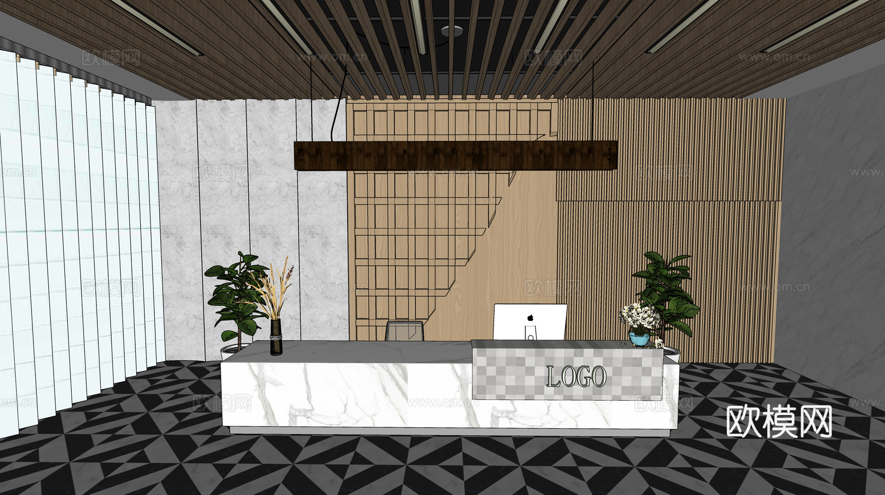 现代简约办公室前台接待台su模型