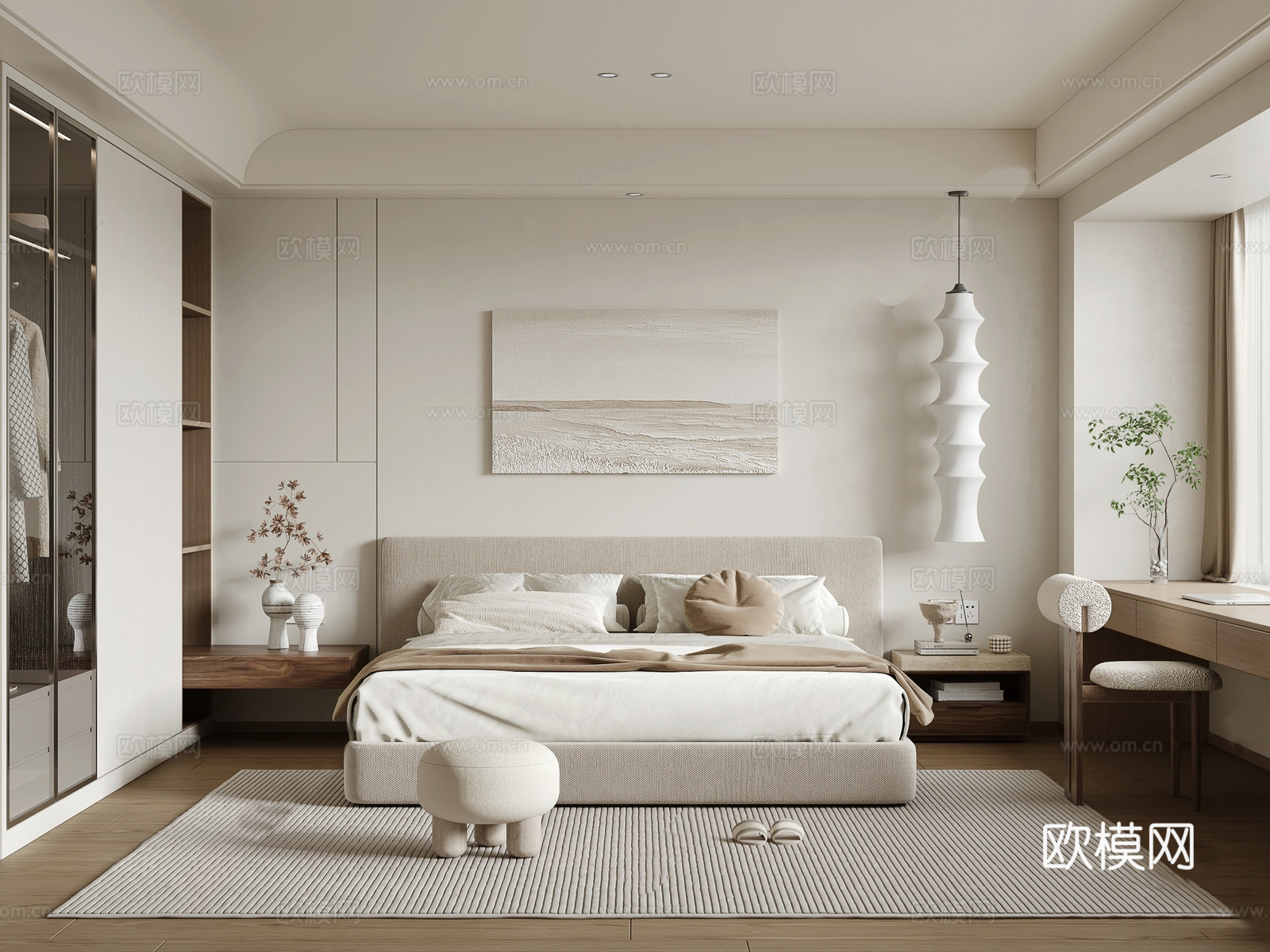 侘寂奶油家居卧室 布艺双人床su模型