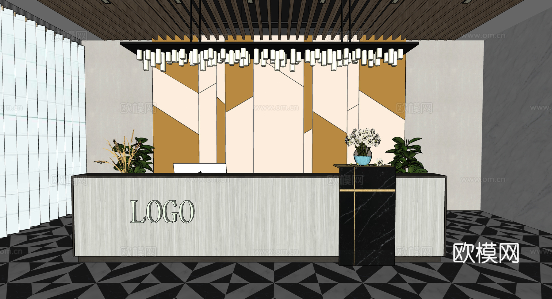 现代简约办公室前台接待台su模型