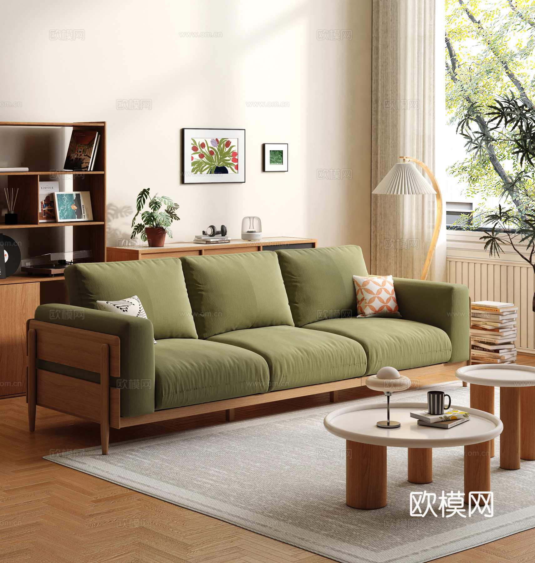 原木风沙发 实木沙发 布艺沙发 三人位沙发3d模型下载