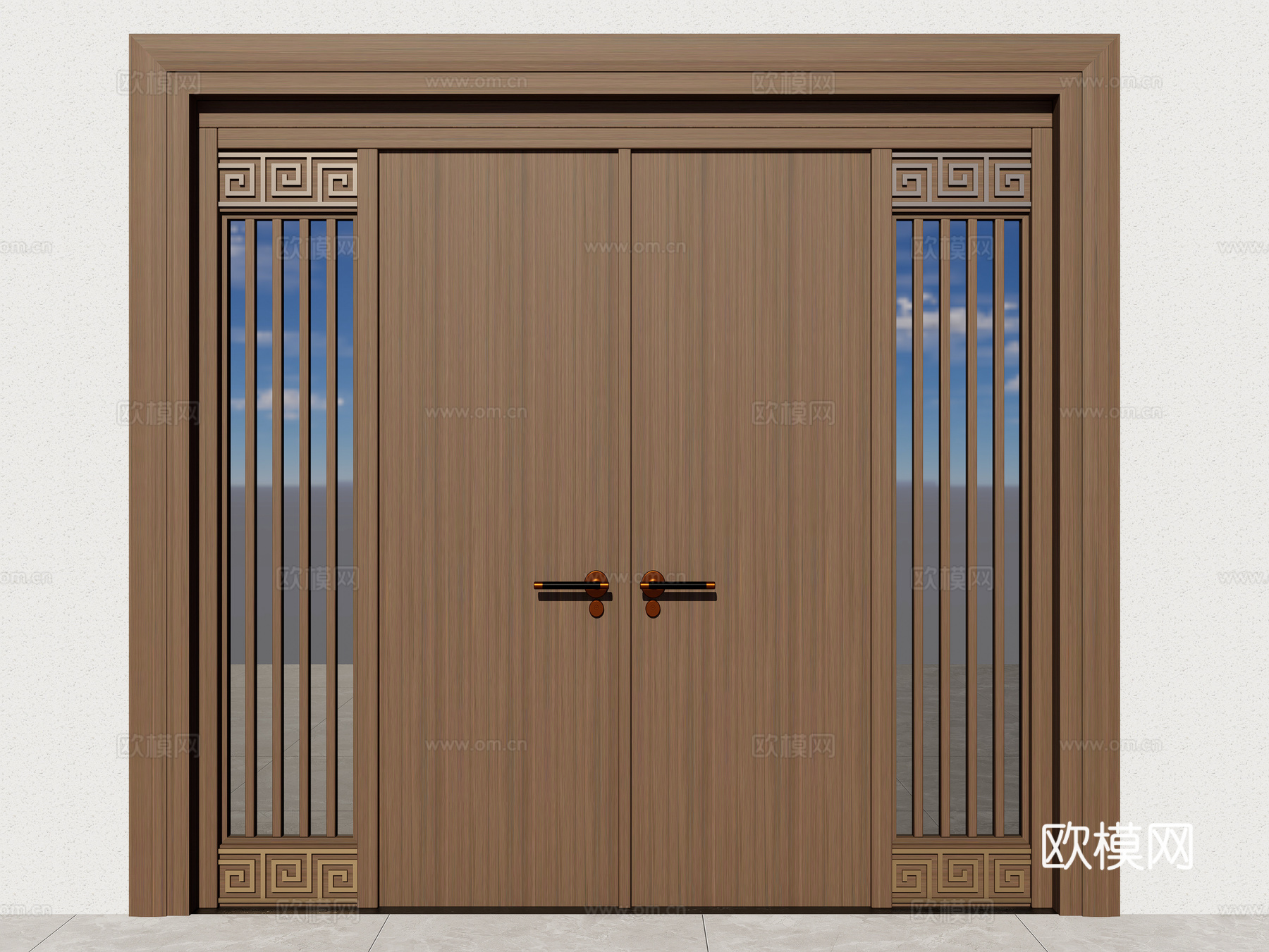 新中式入户大门 实木别墅双开门 玻璃双开门 别墅防盗门su模型