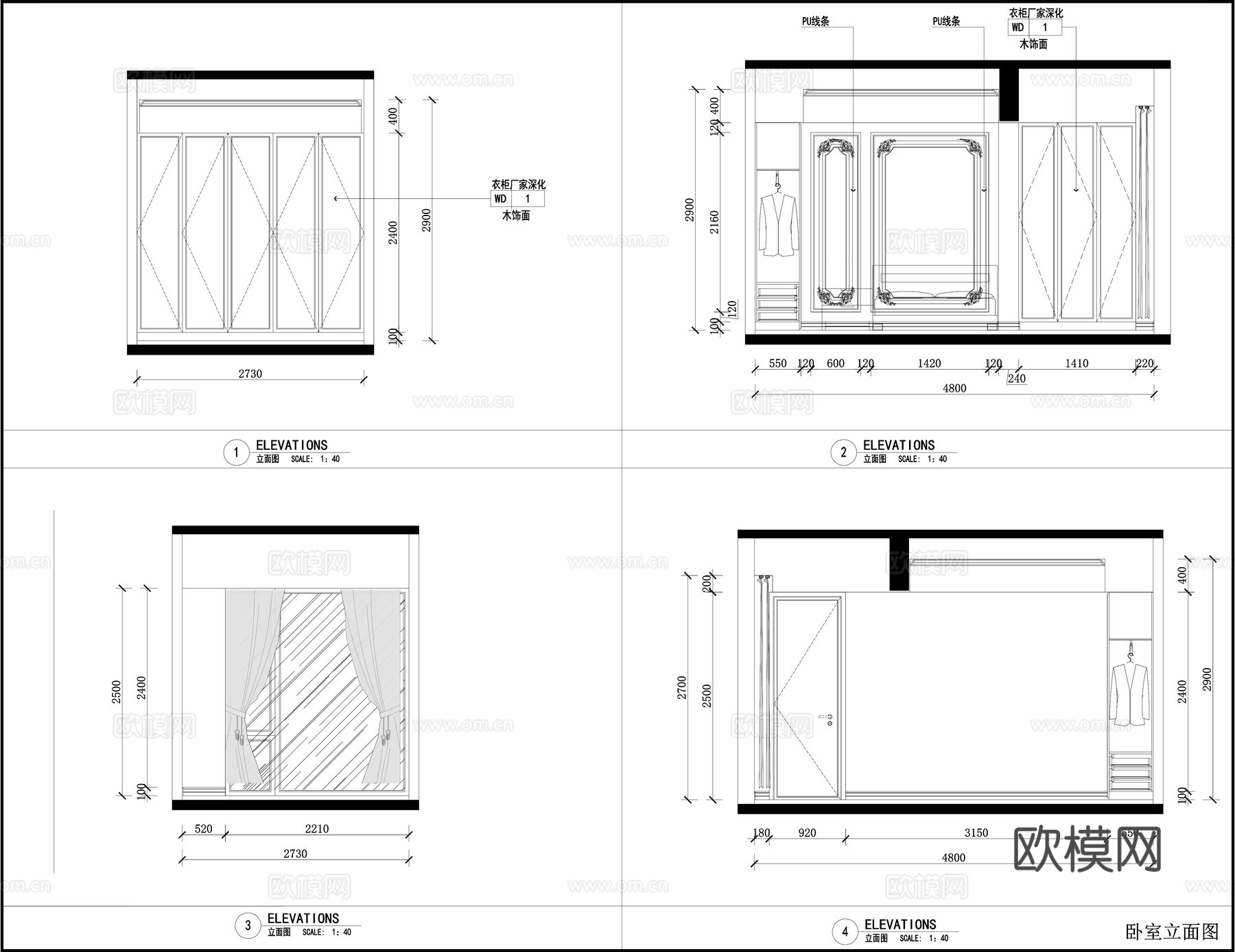 欧式卧室立面图 墙面布局图 墙面节点 立面图cad施工图