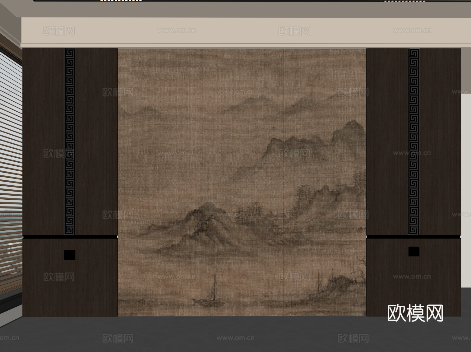 新中式背景墙su模型