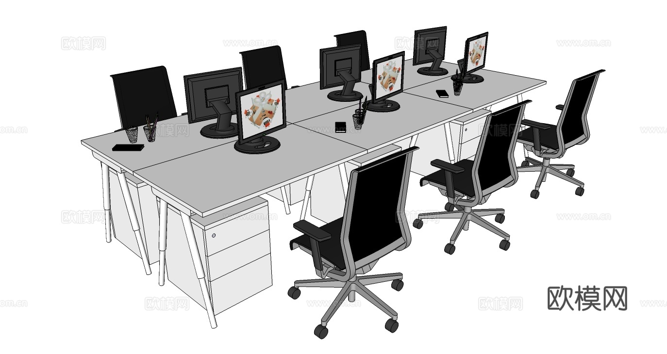 员工办公桌 办公椅 文件柜 屏风办公桌su模型