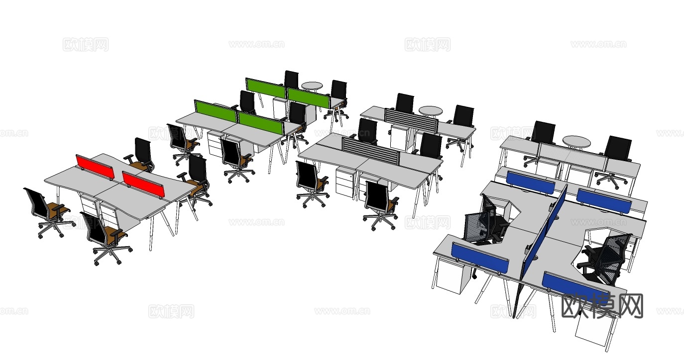 员工办公桌 办公椅 文件柜 屏风办公桌免费su模型
