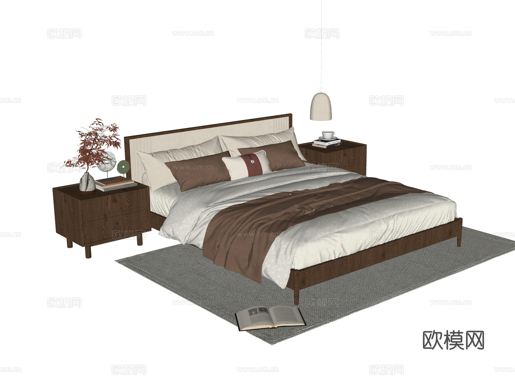 现代双人床 床头柜su模型