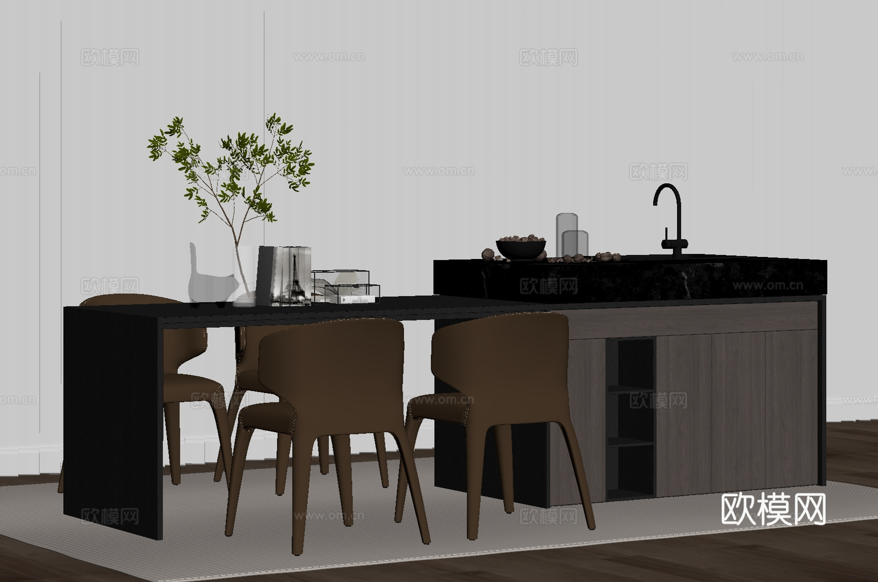 现代意式岛台 开放式餐桌su模型