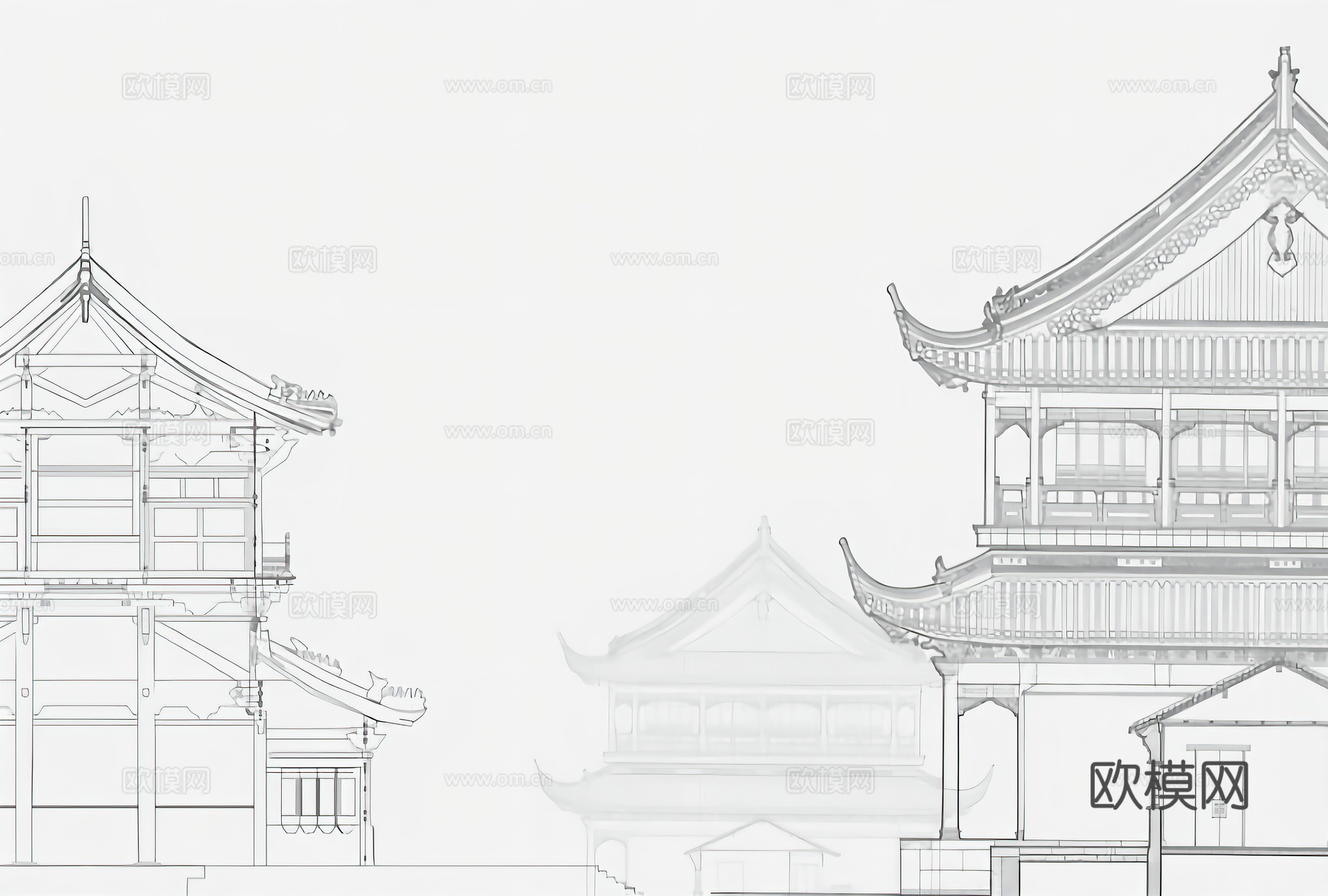 中式新中式楼阁建筑壁纸壁画装饰画下载