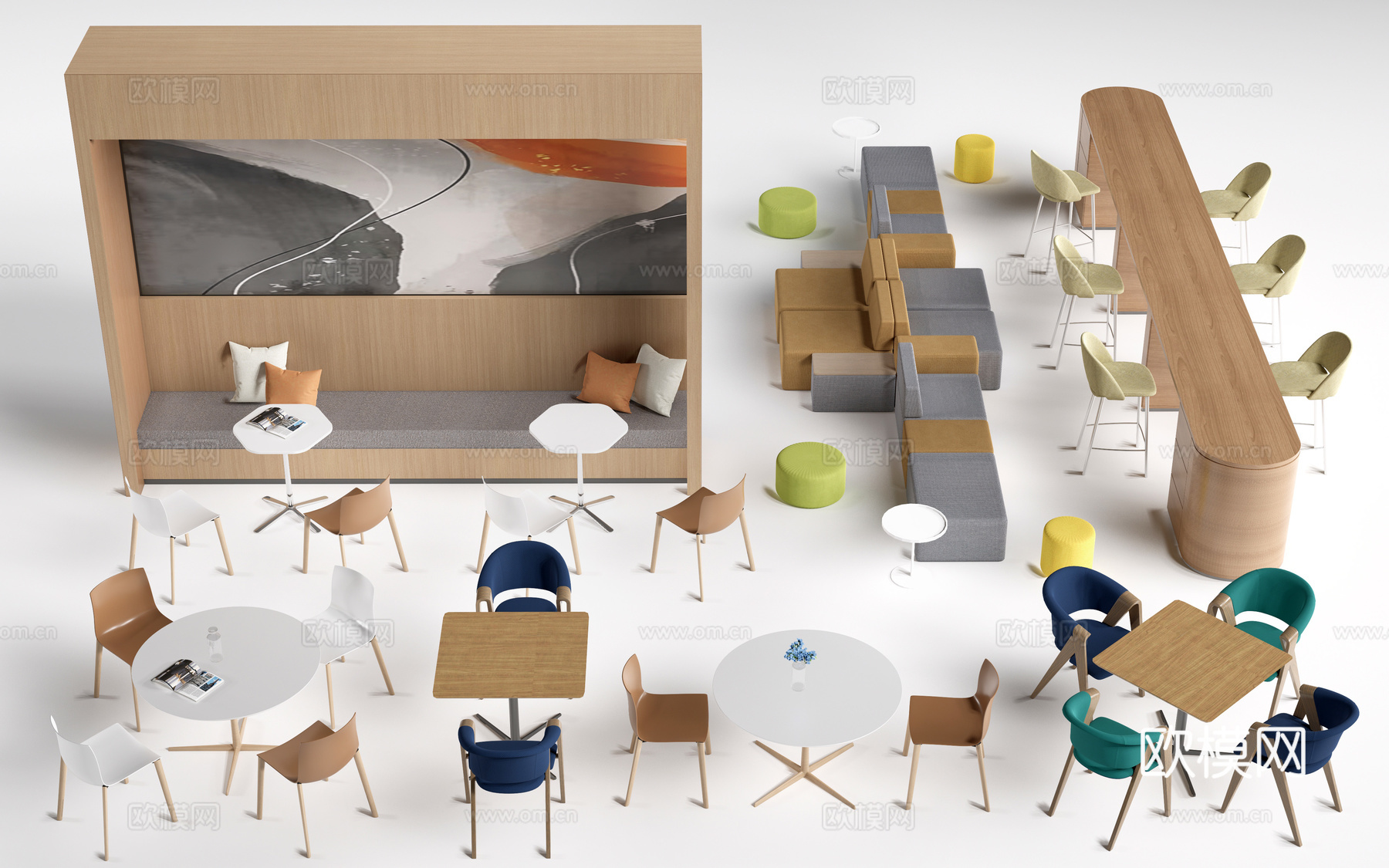 现代茶水间桌椅 公司休息区桌椅 吧台桌椅 休闲桌椅su模型