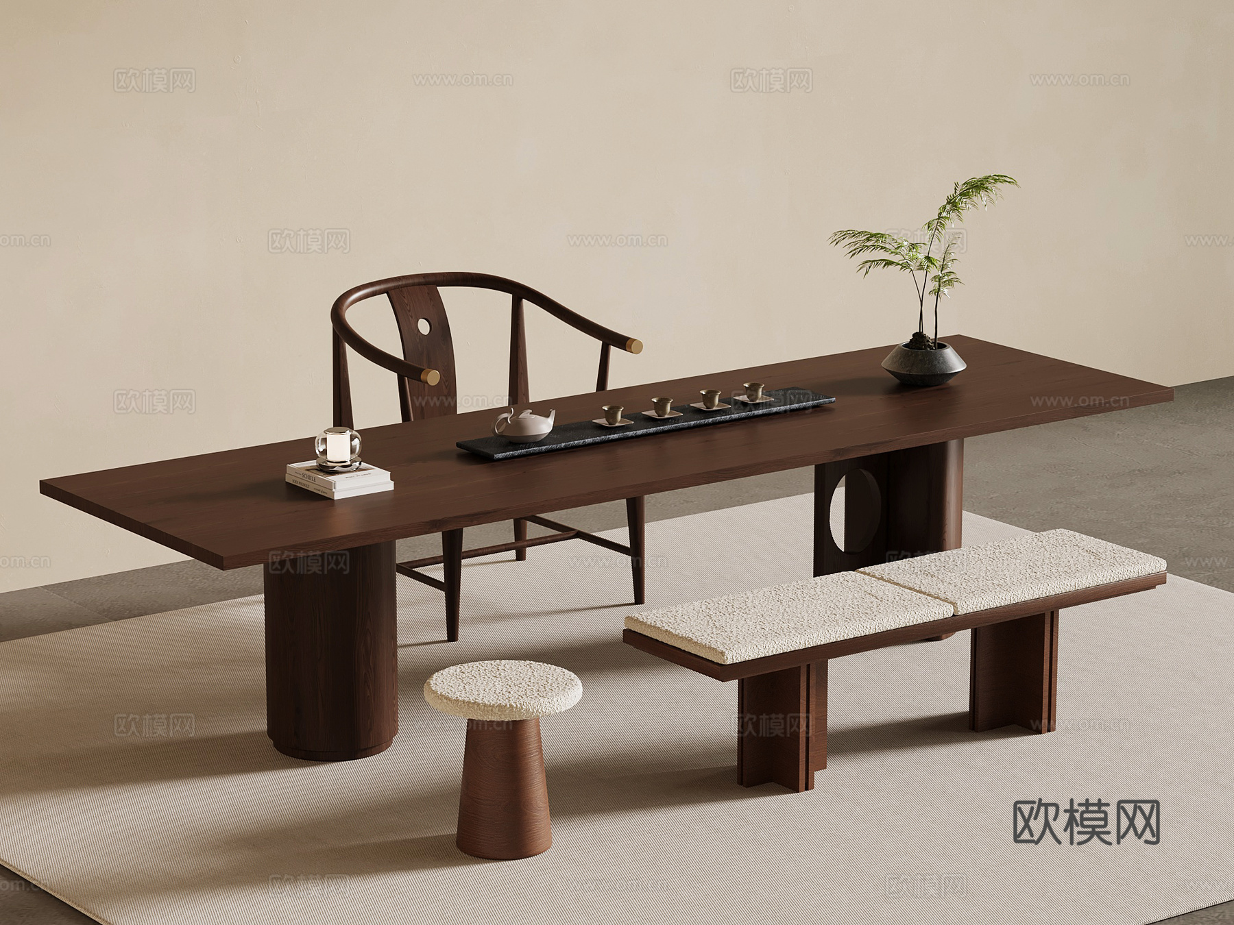 新中式茶桌椅su模型