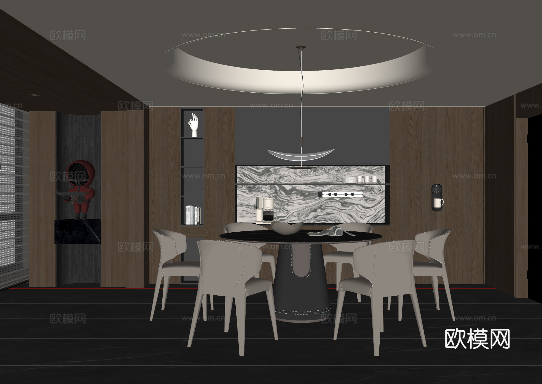 现代意式餐厅 餐桌椅 吊灯 餐边柜 酒柜su模型