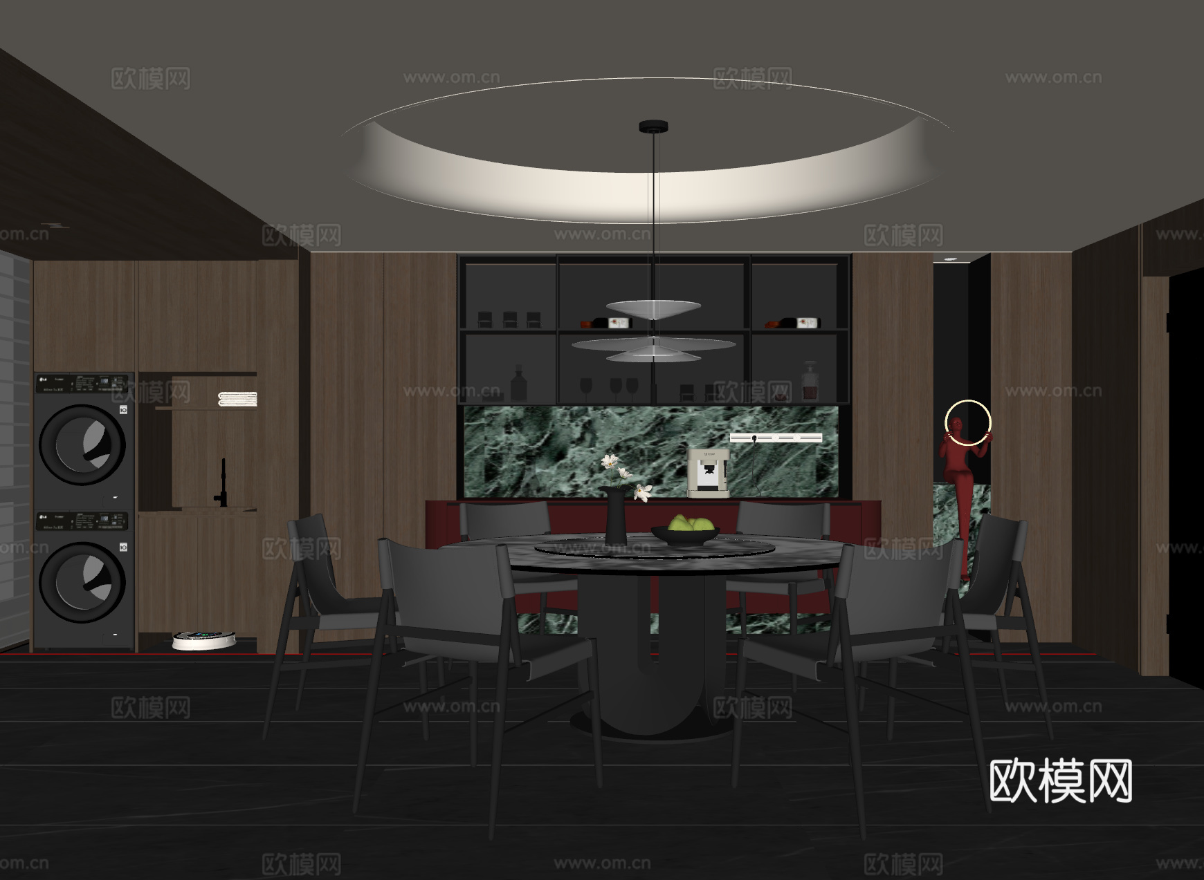 现代意式餐厅 餐桌椅 吊灯 餐边柜 酒柜su模型