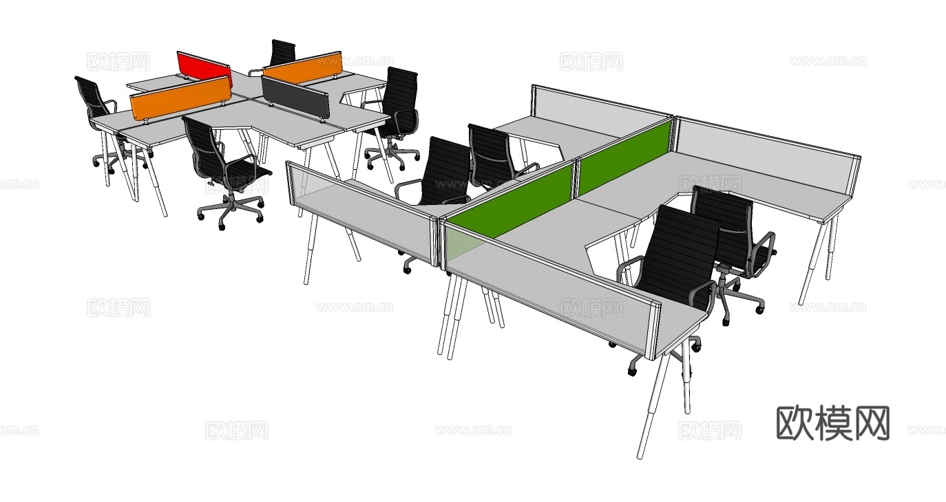 员工办公桌 办公椅 文件柜 屏风办公桌su模型