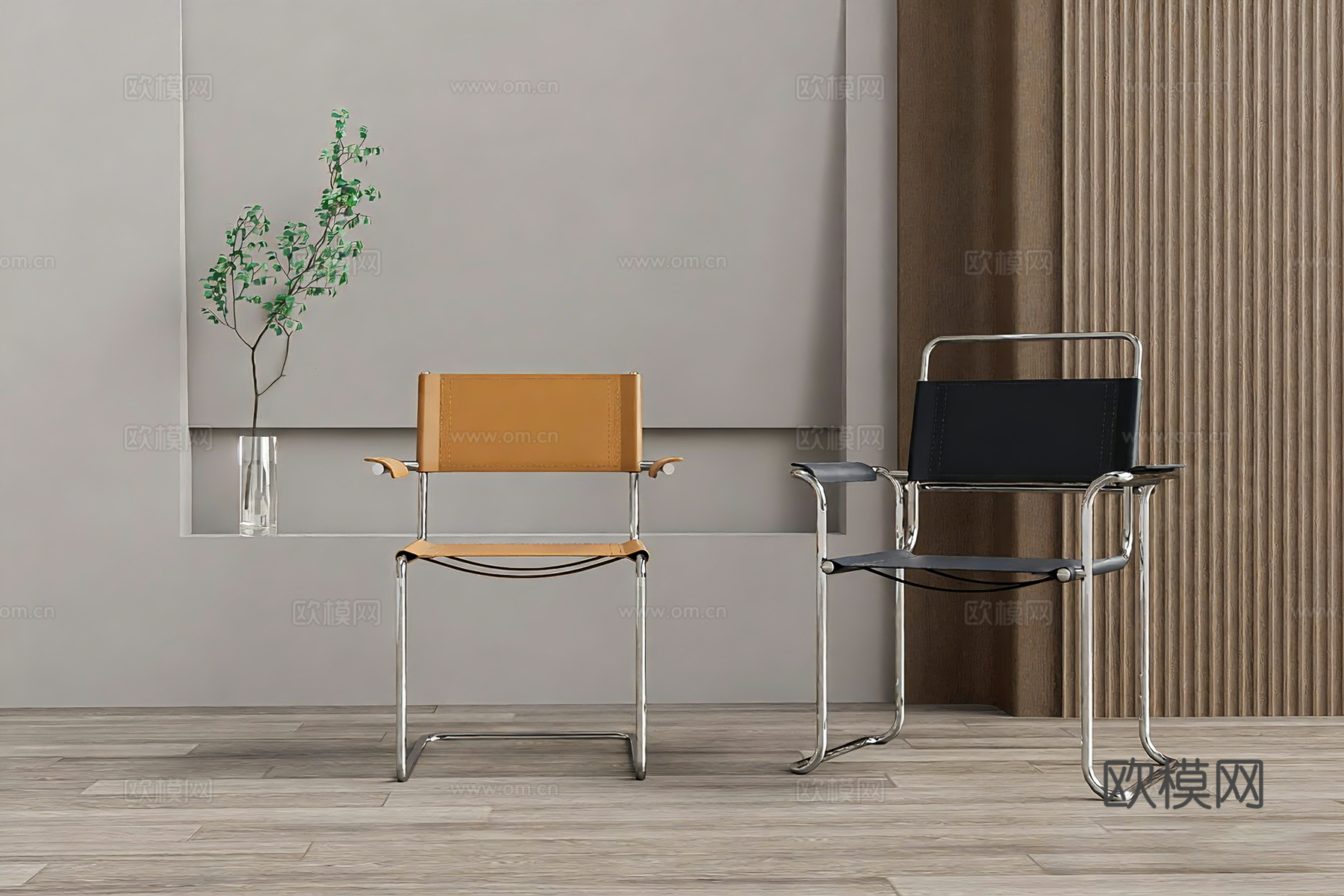 意式极简单椅 餐椅 皮质餐椅 金属脚餐椅su模型