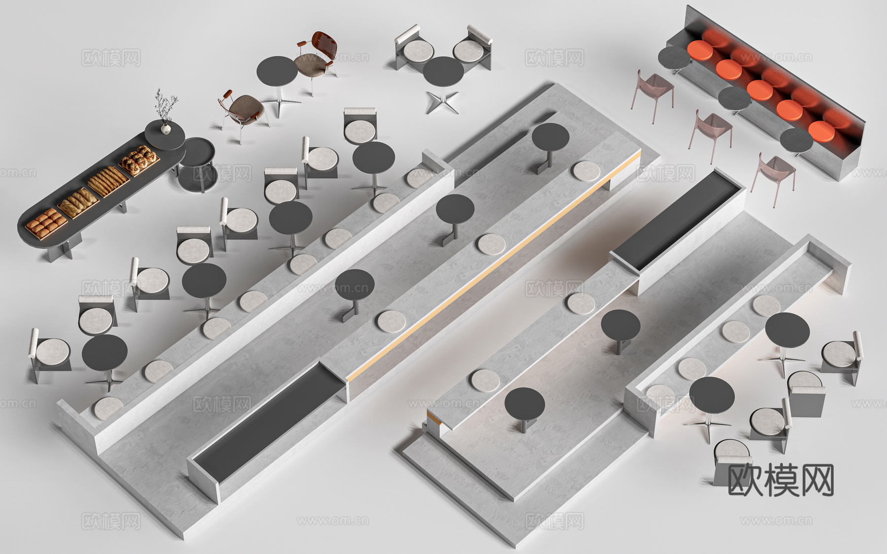 现代咖啡厅桌椅 奶茶店桌椅 台阶桌椅 卡座su模型