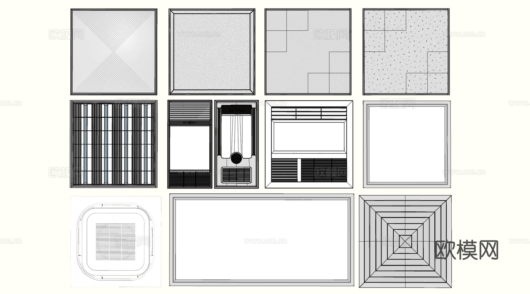 现代矿棉板吊顶 矿棉板灯 集成吊灯 平板灯 浴霸su模型