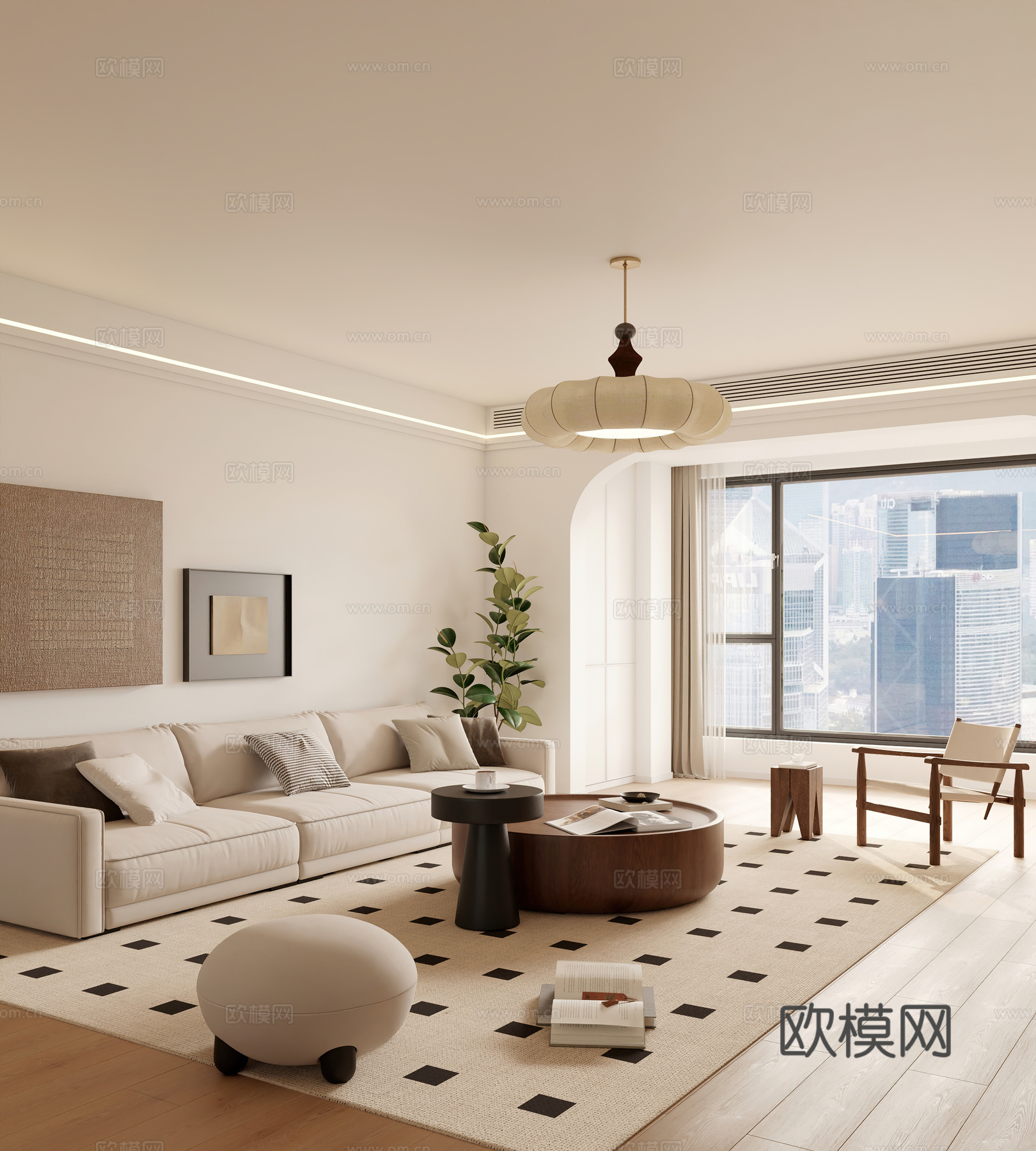 中古风客餐厅 开放厨房3d模型下载（渲染图1）