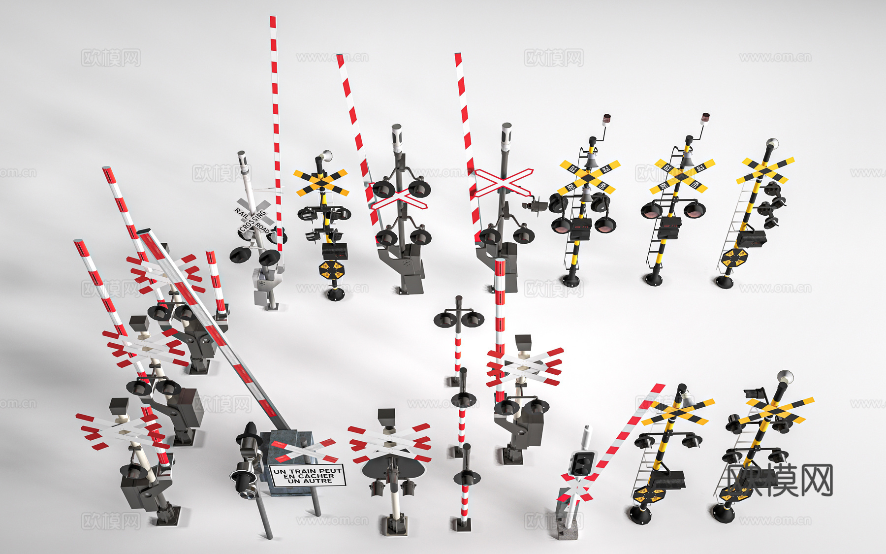 现代火车信号灯 火车红绿灯 铁轨道闸 铁轨警示牌su模型