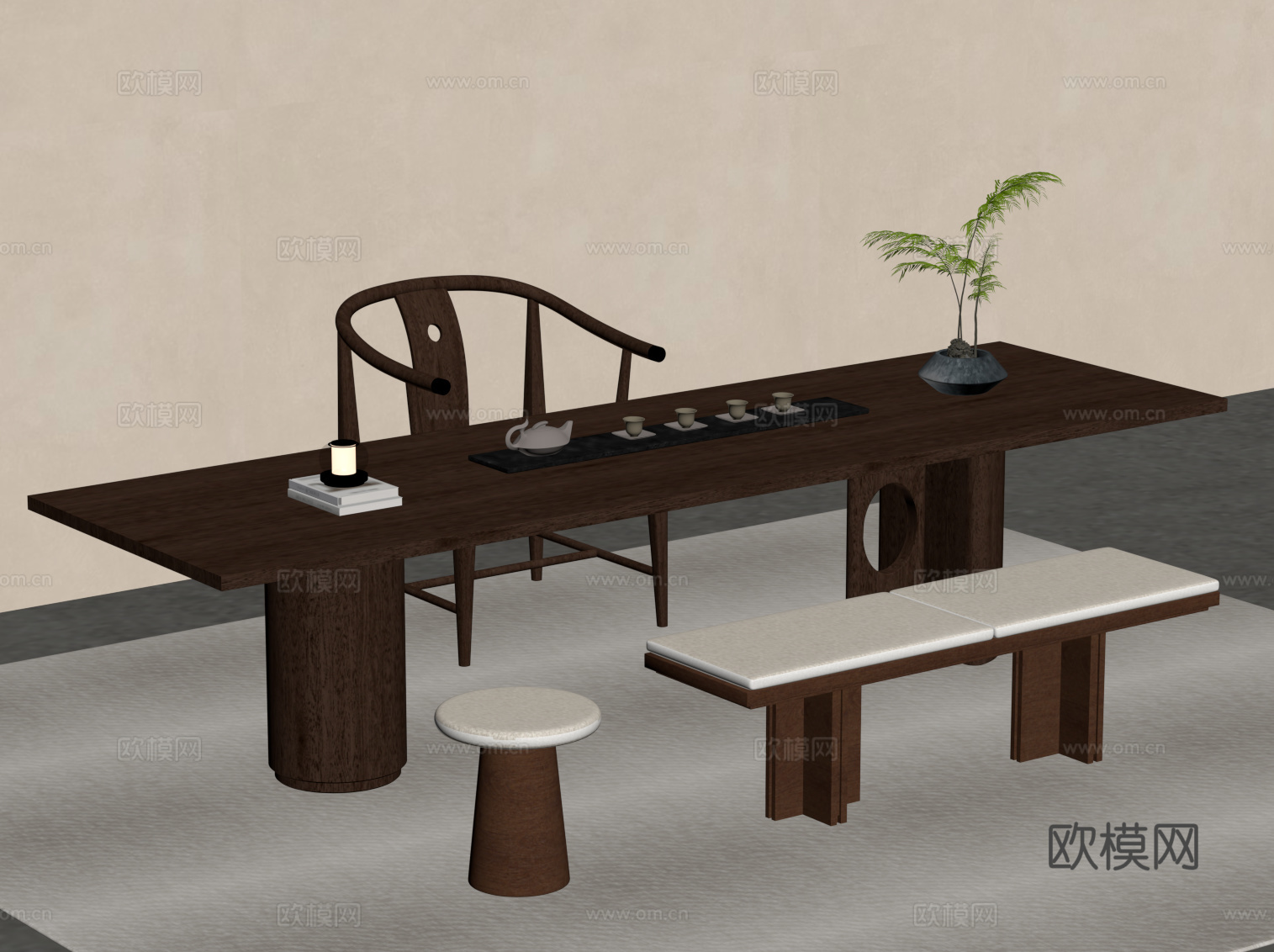 新中式茶桌椅su模型