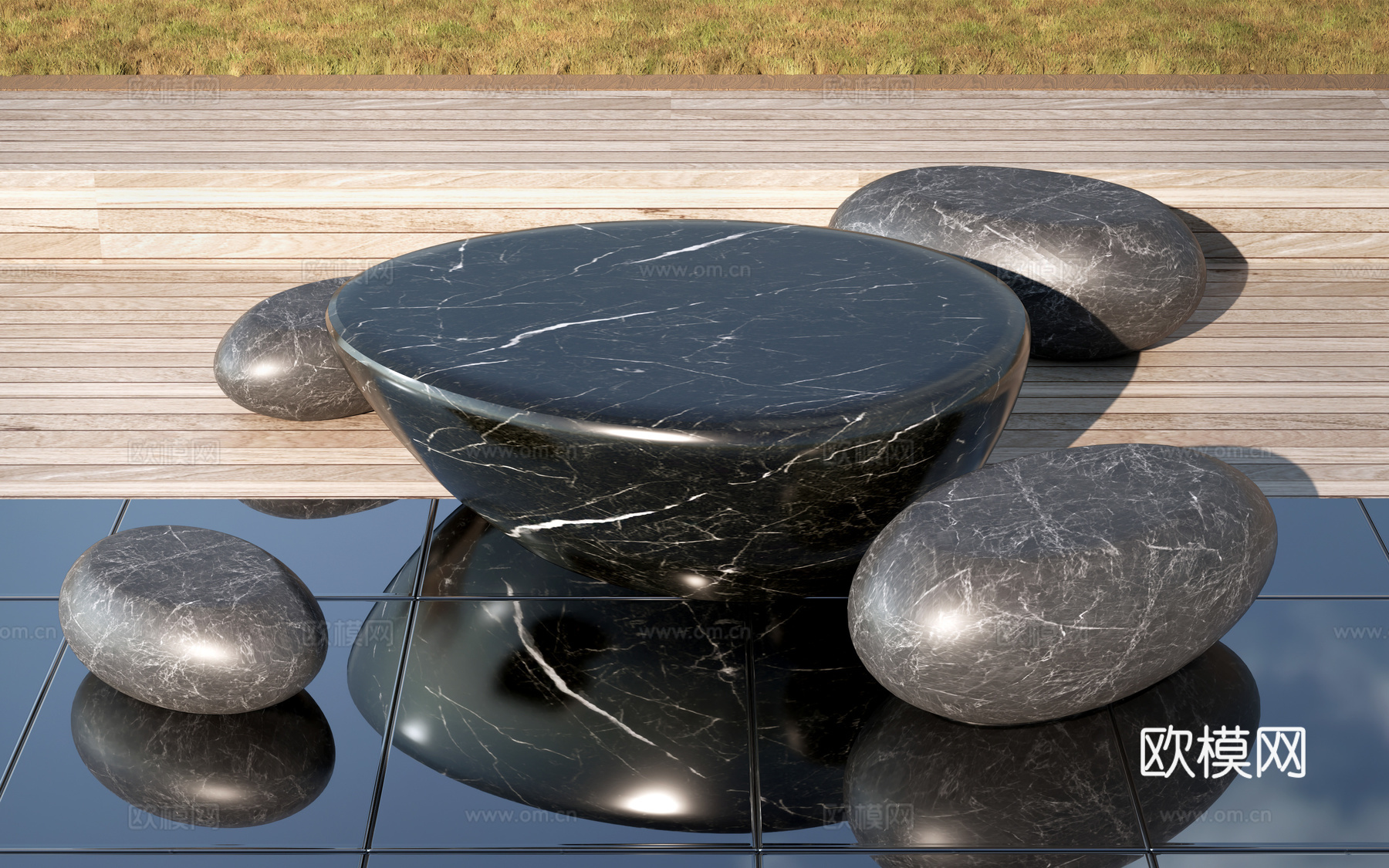 现代户外石桌椅 户外休闲桌椅 石桌石凳su模型