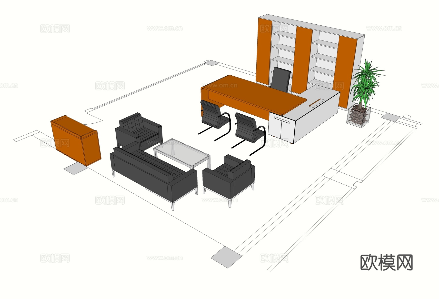 办公桌 办公椅 文件柜 沙发 茶几免费su模型