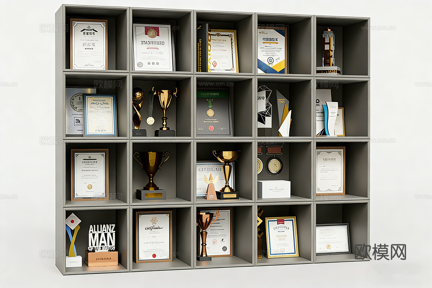 现代简约企业荣誉墙 奖杯证书奖状 证书展示柜su模型