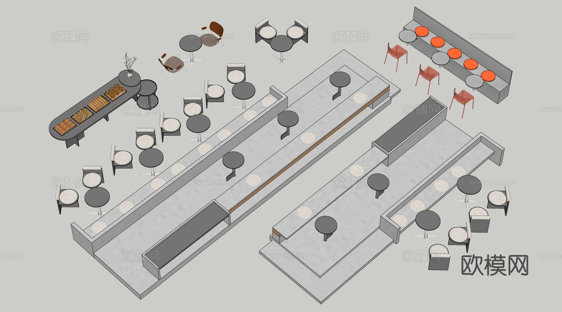 现代咖啡厅桌椅 奶茶店桌椅 台阶桌椅 卡座su模型