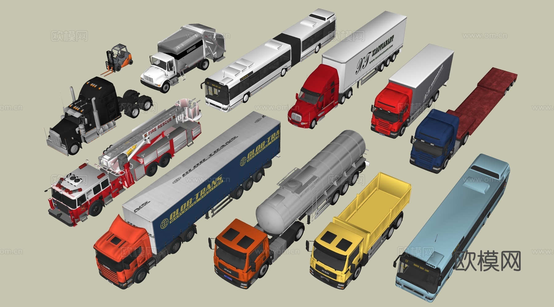 现代卡车 工程车 消防车 挂车su模型