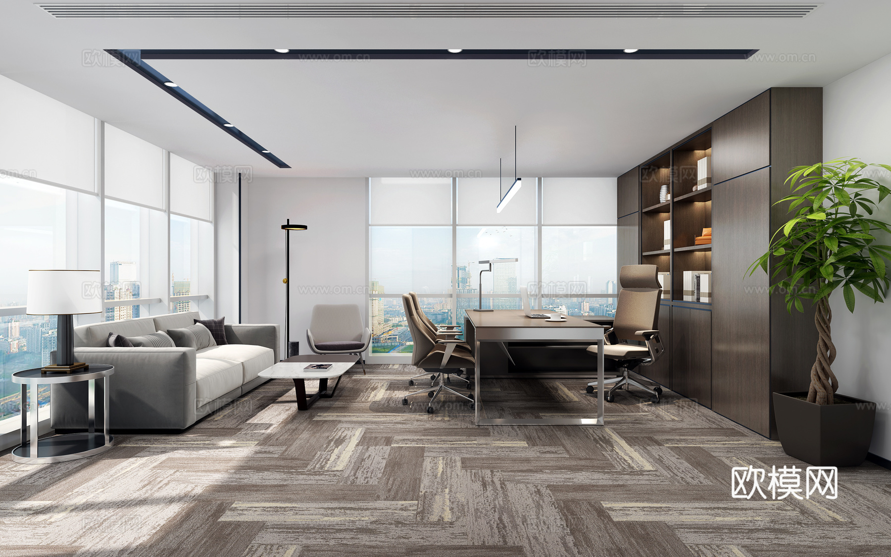 现代经理办公室 办公桌椅 沙发茶几组合 办公用品 摆件装饰品3d模型下载