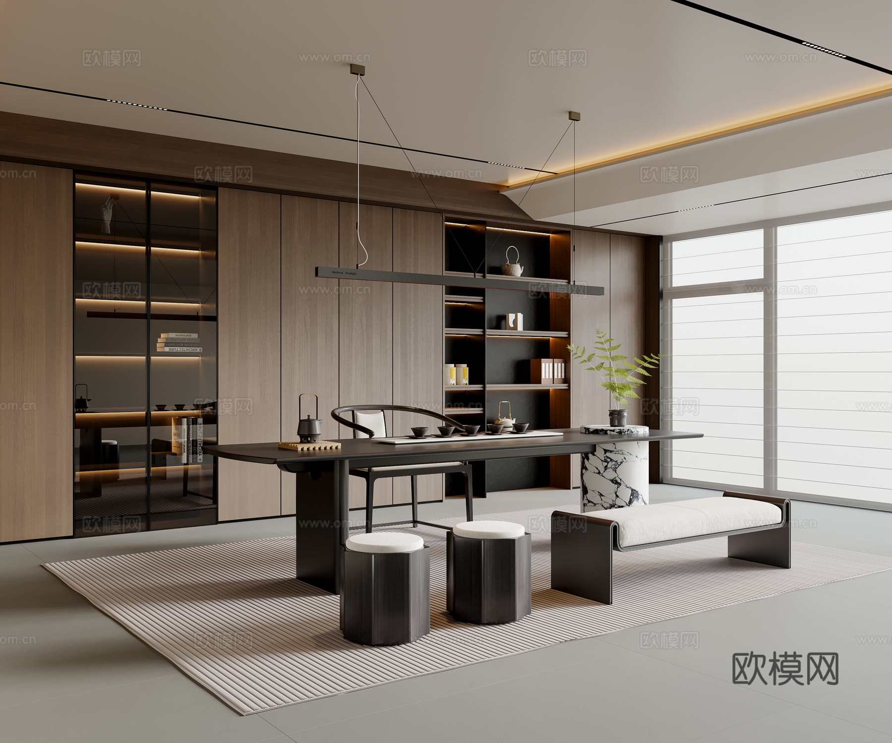 现代意式茶室 茶桌椅 吊灯 茶柜 装饰柜 地毯su模型