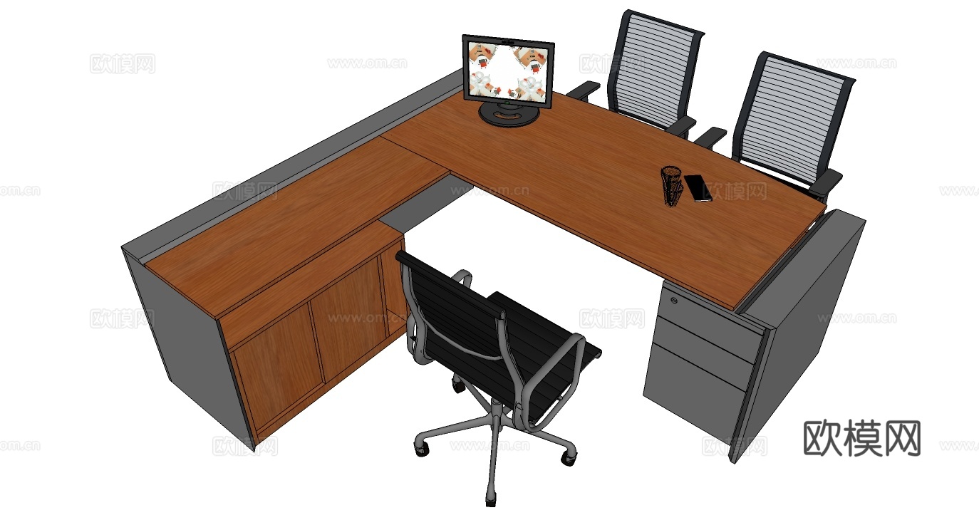 班台桌 办公桌 办公椅 活动文件柜免费su模型