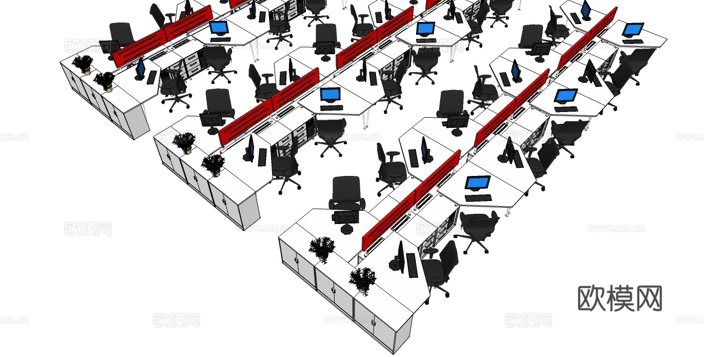 员工办公桌 办公椅 文件柜  屏风办公桌免费su模型