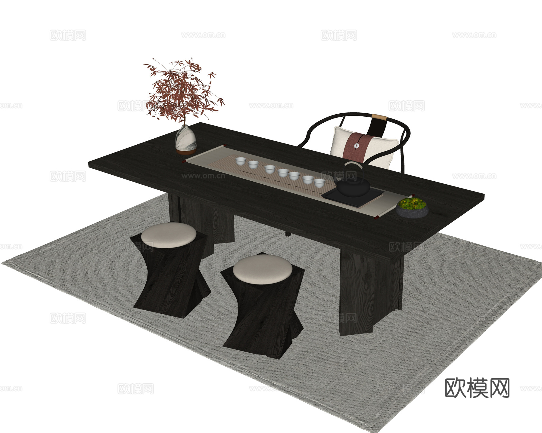 现代茶桌椅 茶椅 茶桌 茶具su模型
