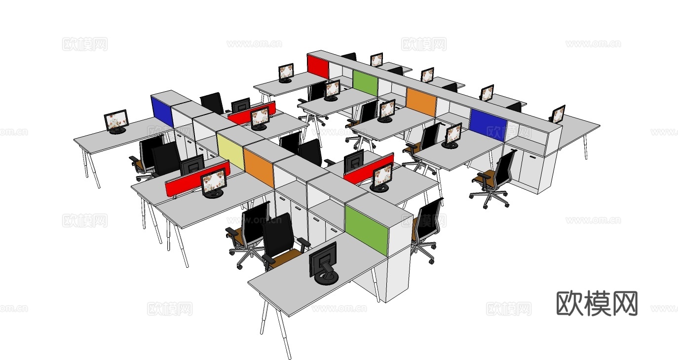 员工办公桌 办公椅 文件柜 屏风办公桌su模型